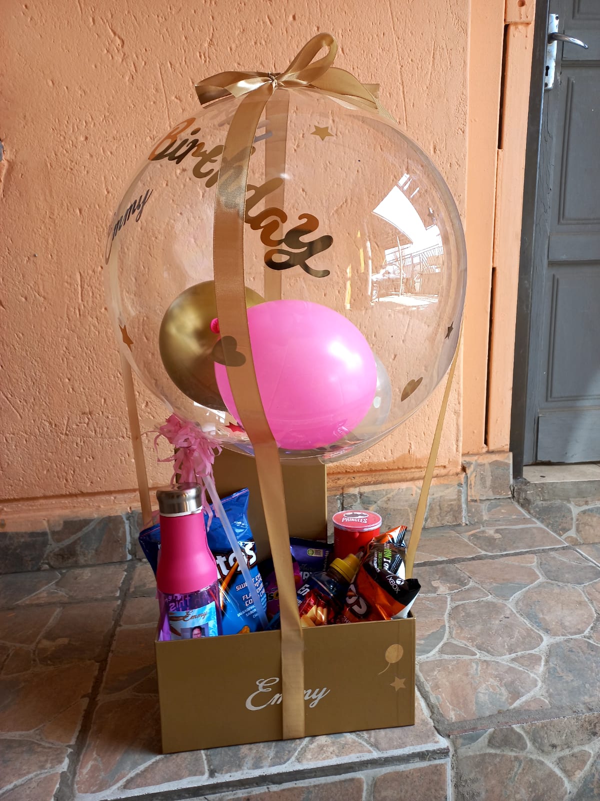 Pink and gold birthday hot-air balloon gift hamper